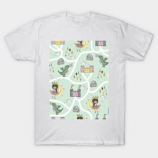 Childish seamless pattern with princess and dragon green background T-Shirt